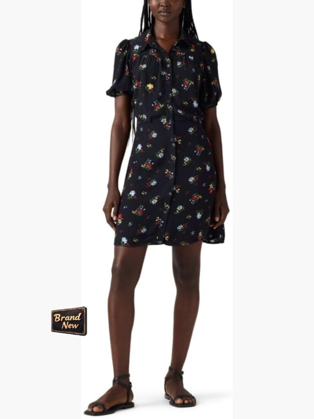 Cotton Blend Mini A-Line Dress with Spread Collar and Button Front